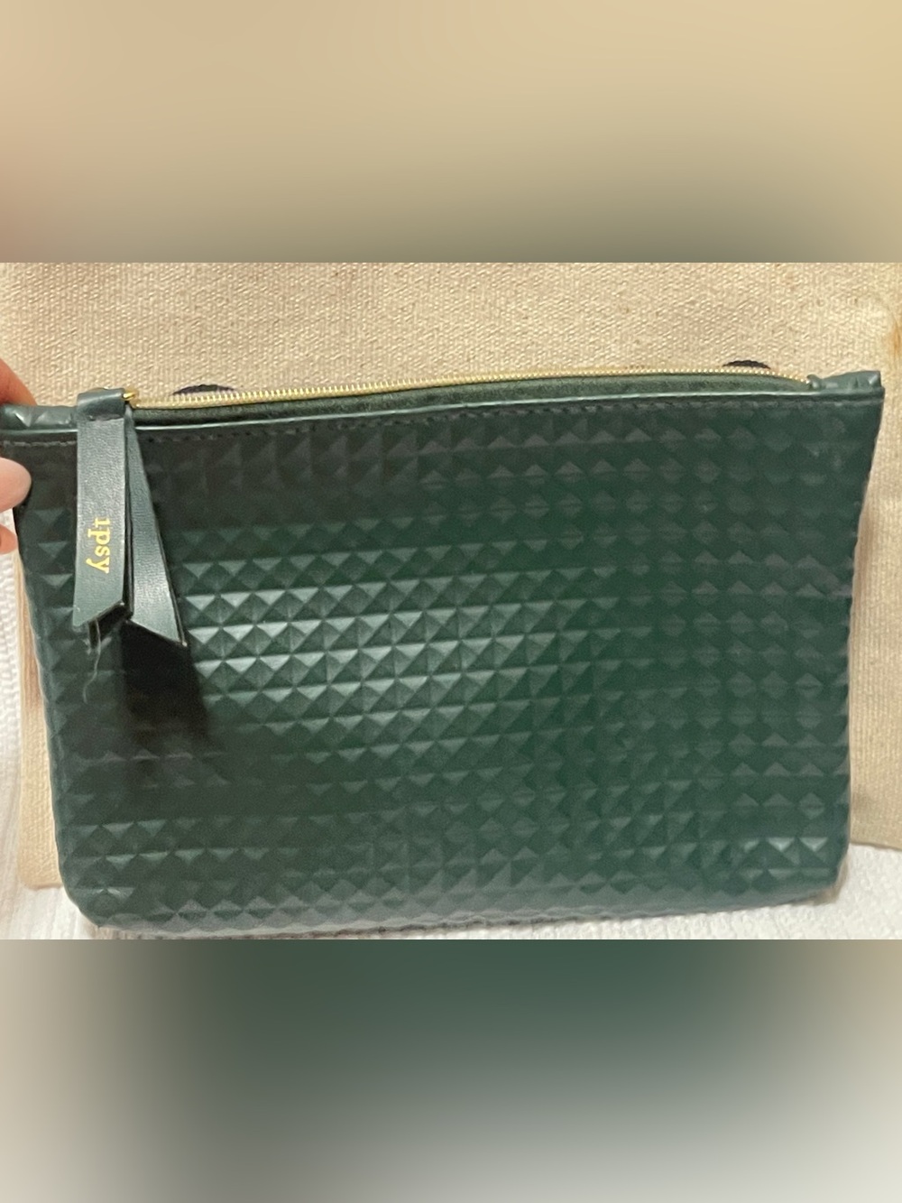 ipsy Green Textured Mini Cosmetic Bag with Pink Lining